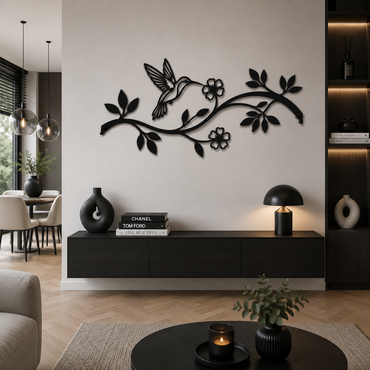 Kolibrie op tak met bloemen wanddecoratie – | Wand Staal