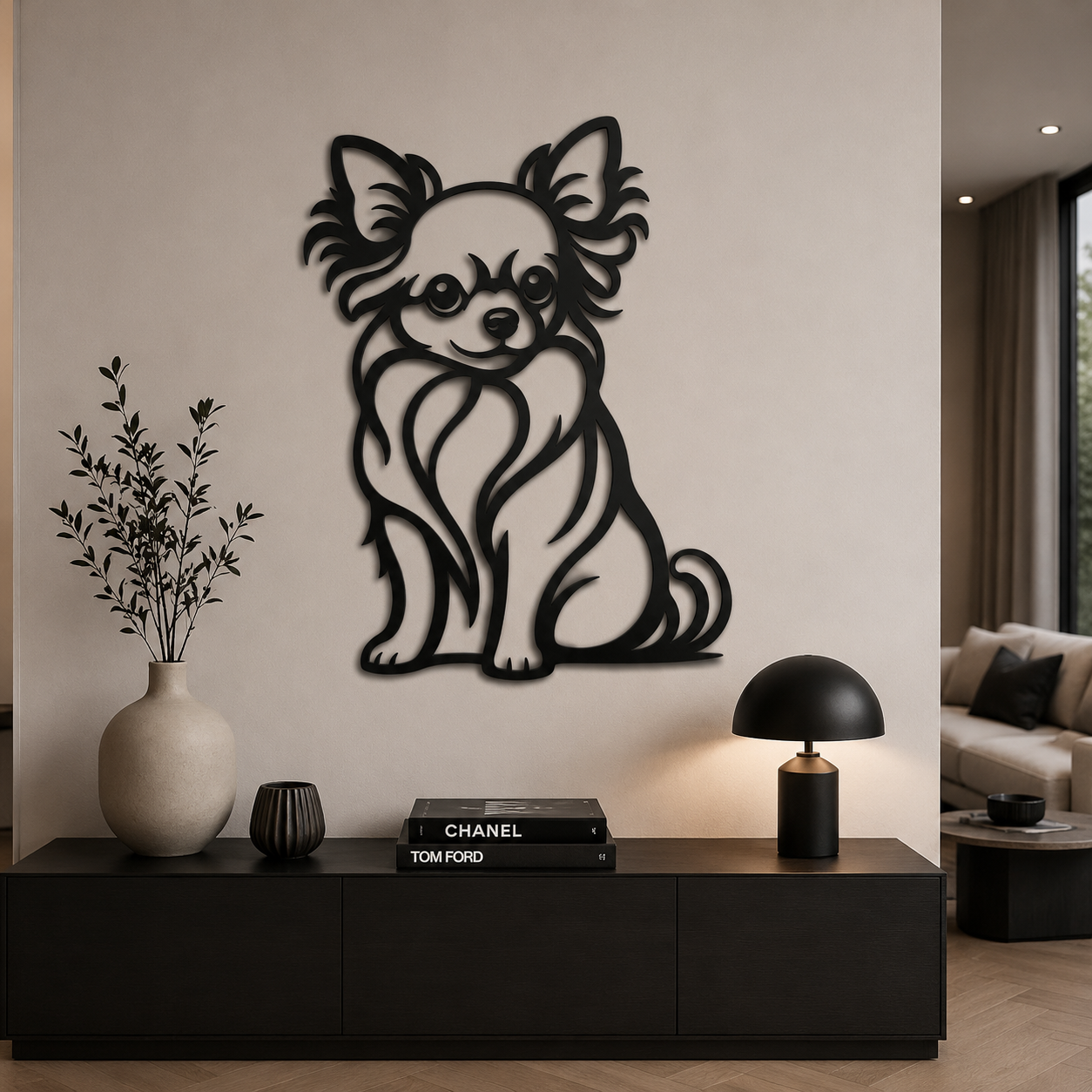 Langharige chihuahua stalen wanddecoratie – Wand Staal
