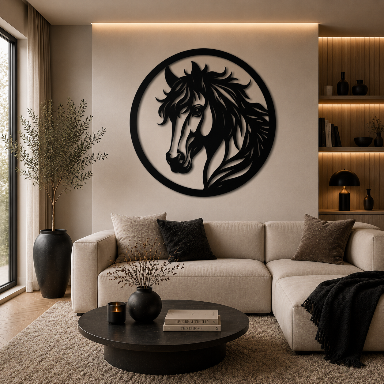 Paardenkop in cirkel wanddecoratie –  Wand Staal