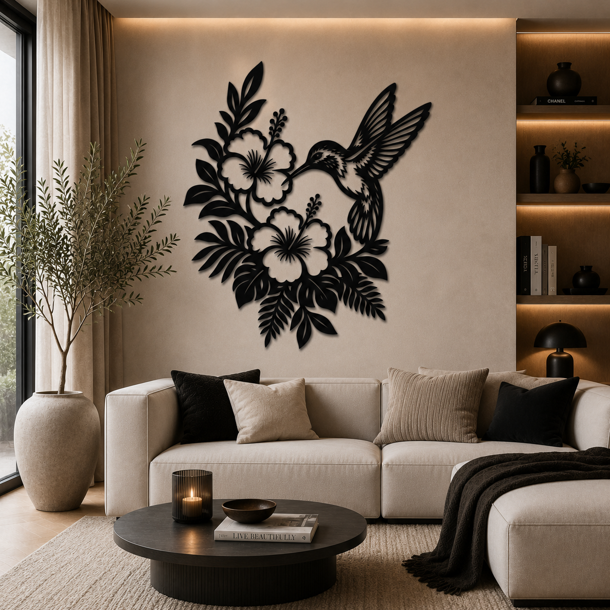 Kolibrie met bloemen wanddecoratie –  Wand Staal