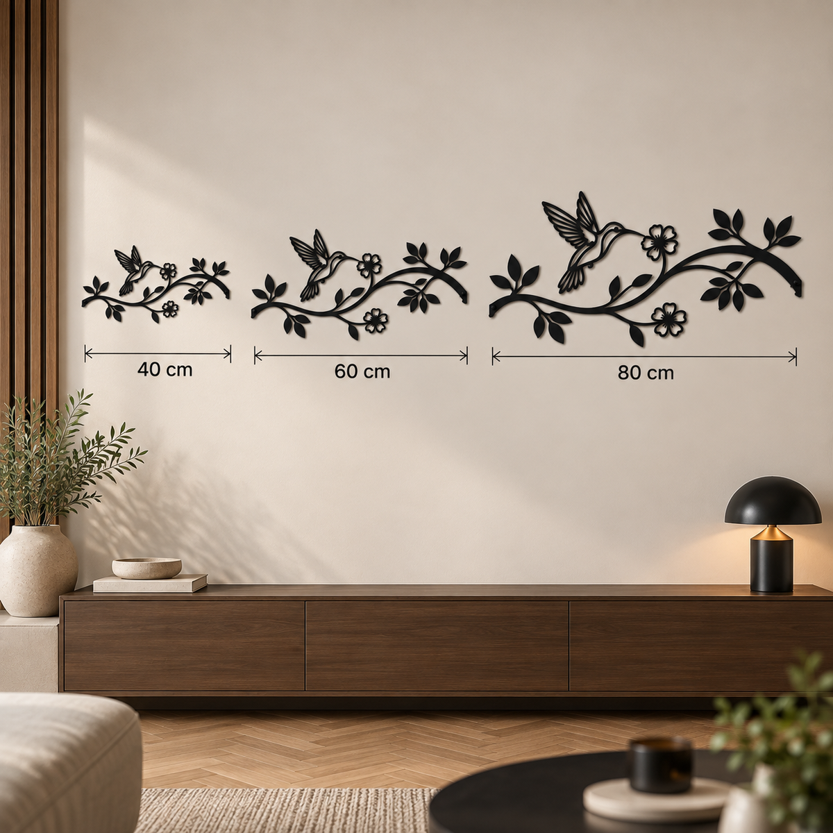 Kolibrie op een tak met bloemen muurdecoratie van staal in de maten 40, 60 en 80 cm