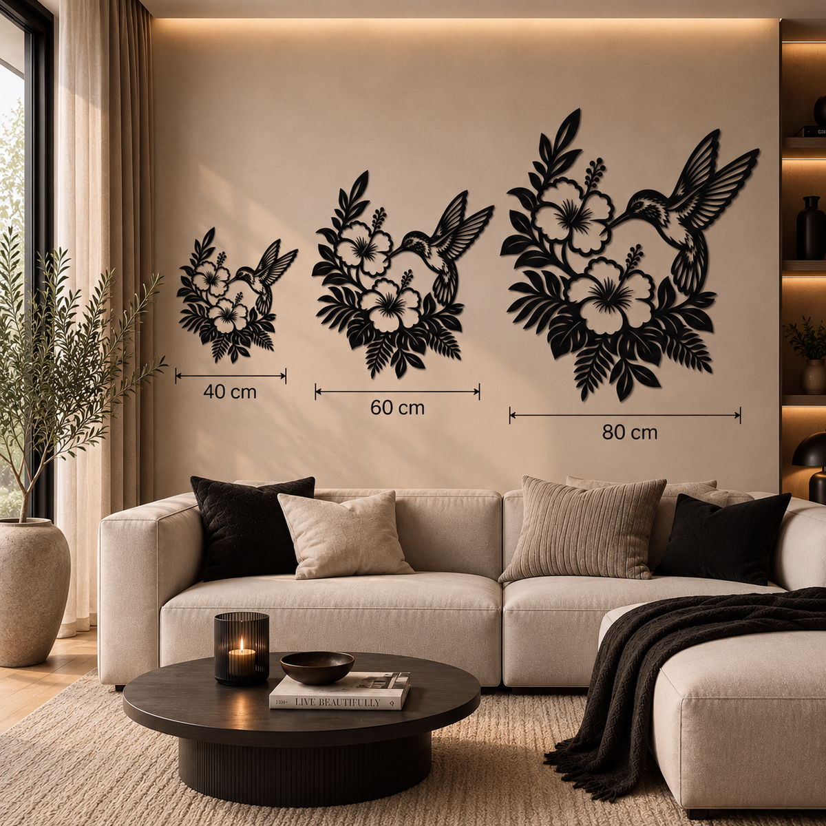 Kolibrie met bloemen muurdecoratie van staal in de maten 40, 60 en 80 cm