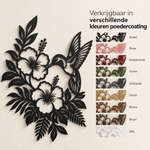 Kolibrie met bloemen muurdecoratie van staal in negen kleuren