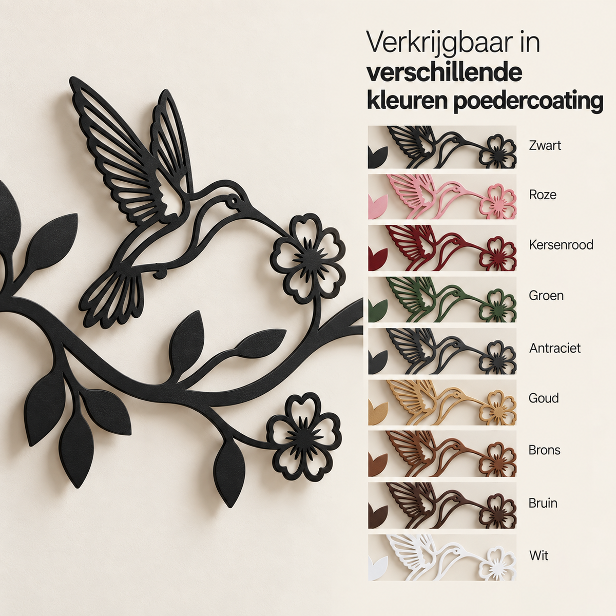 Kolibrie op een tak met bloemen muurdecoratie van staal in negen kleuren