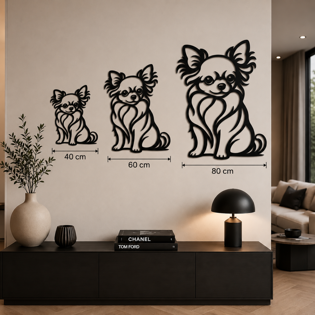 Langharige chihuahua muurdecoratie van staal in de maten 40, 60 en 80 cm