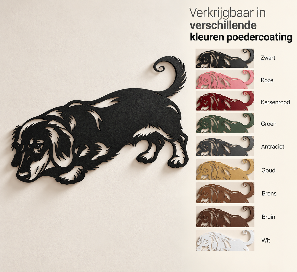 Lopende teckel muurdecoratie van staal in negen kleuren