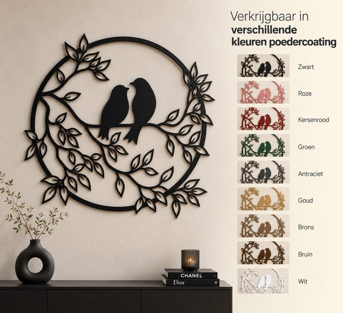 Lovebirds op een tak muurdecoratie van staal in negen kleuren
