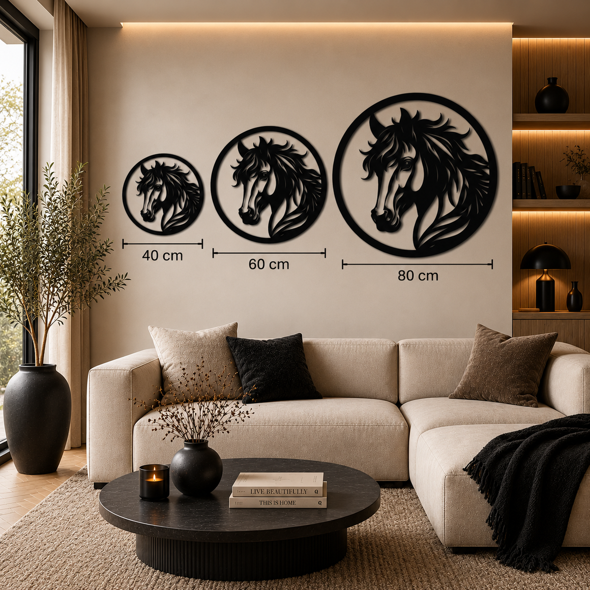 Paardenkop in cirkel muurdecoratie van staal in de maten 40, 60 en 80 cm