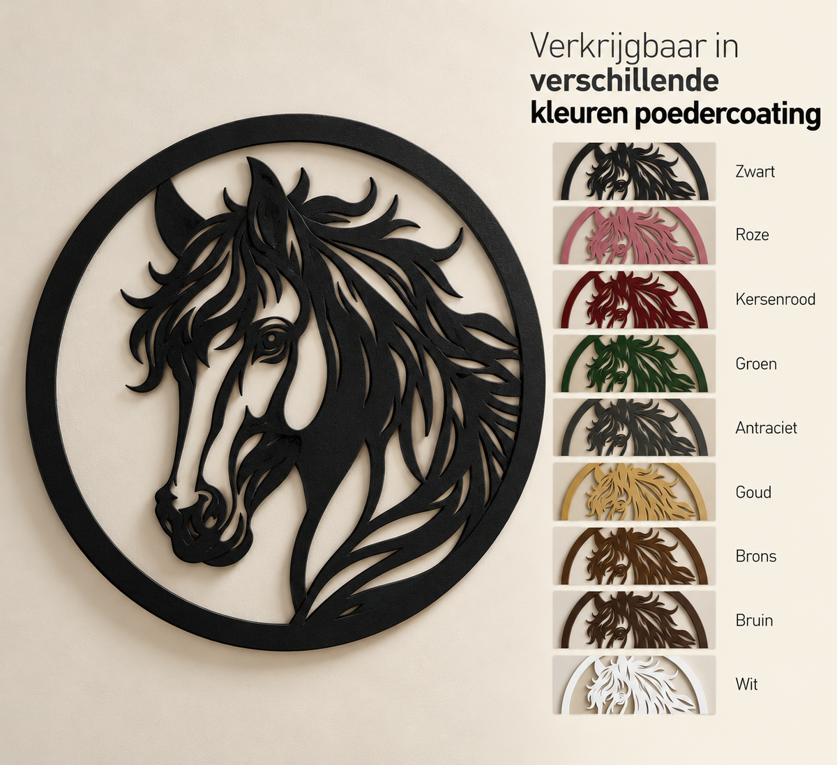 Paardenkop in cirkel muurdecoratie van staal in negen kleuren