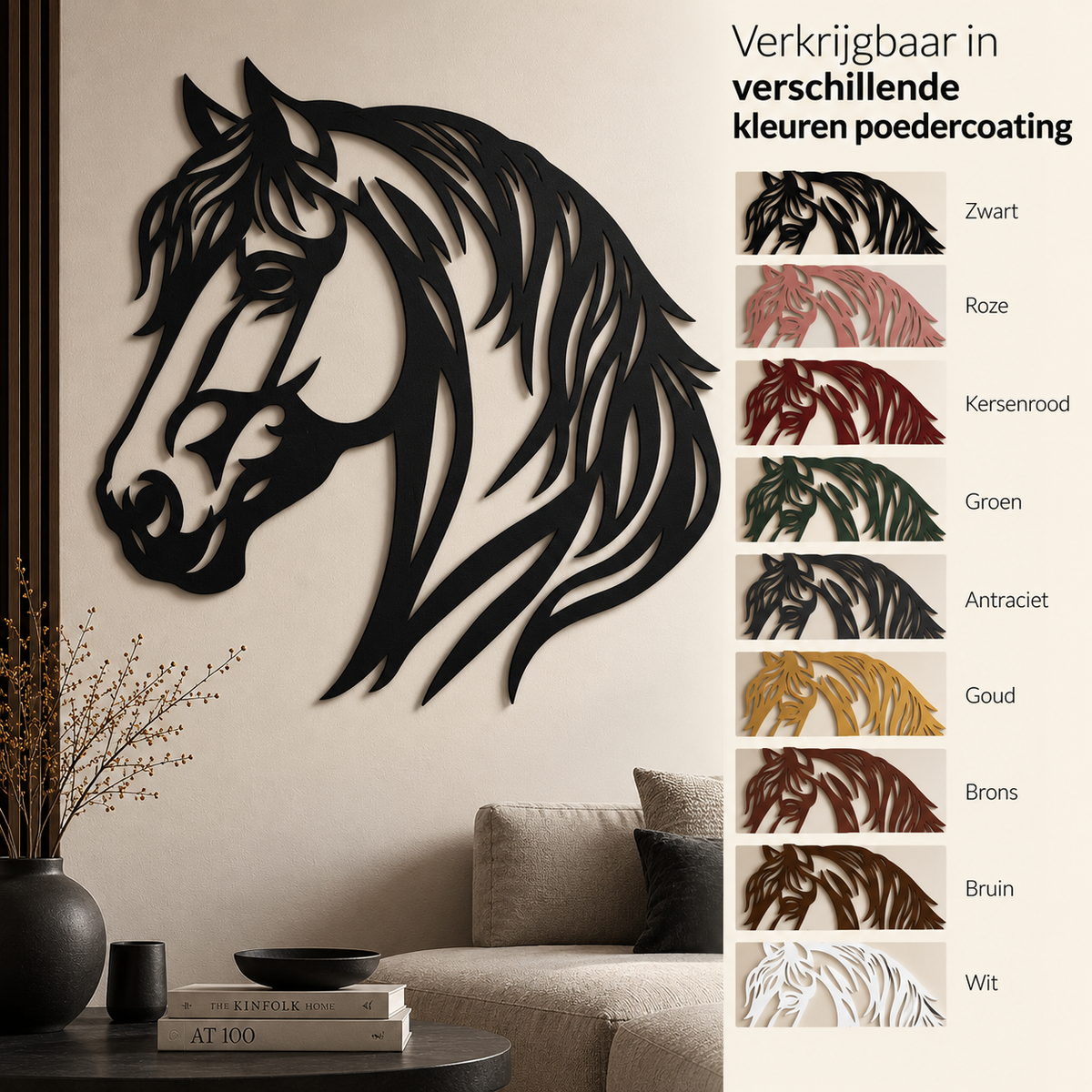 Paardenkop muurdecoratie van staal in negen kleuren