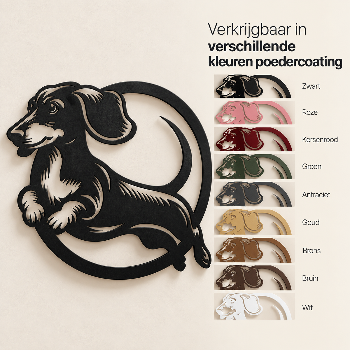 Teckel in cirkel muurdecoratie van staal in negen kleuren