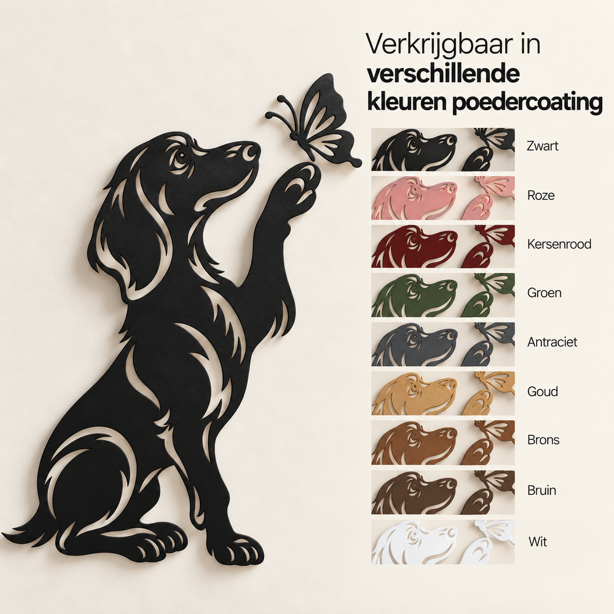 Teckel met vlinder muurdecoratie van staal in negen kleuren