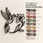 Vogel met bloem muurdecoratie van staal in negen kleuren