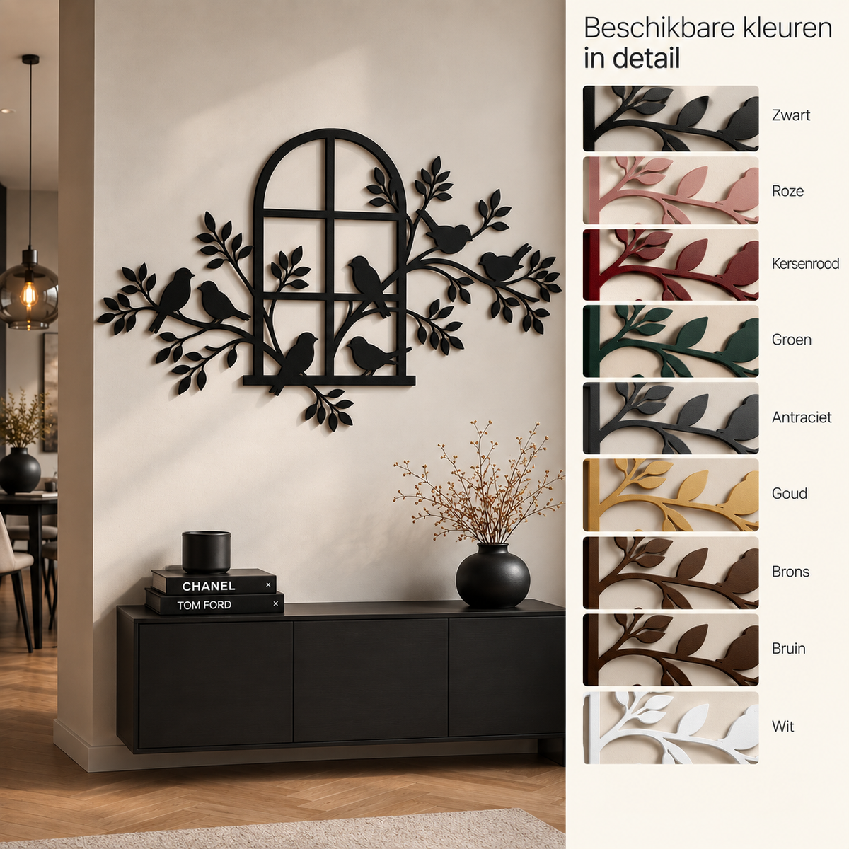 Vogels op een tak muurdecoratie van staal in negen kleuren