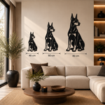 Zittende dobermann muurdecoratie van staal in de maten 40, 60 en 80 cm