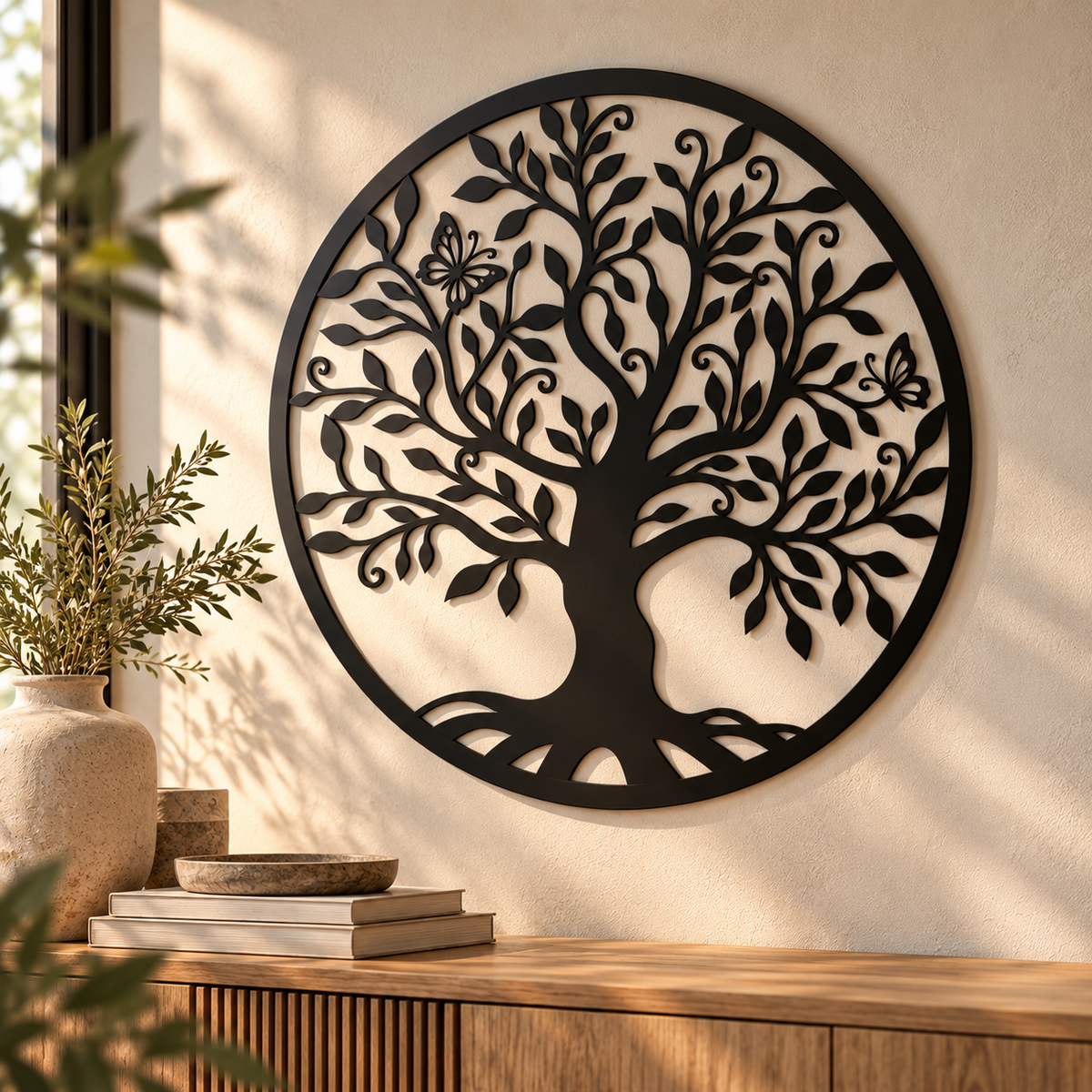 Levensboom met vlinders muurdecoratie van staal